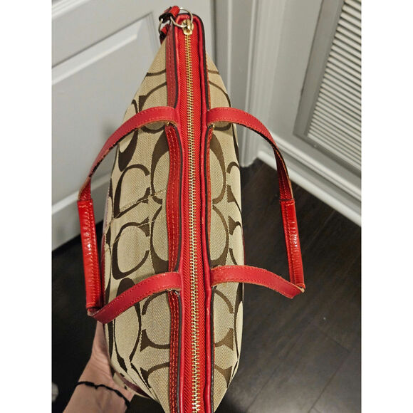 Coach Purse: Beige Signature Canvas + Red Patent Leather, Authentic Zipped Tote - Picture 6 of 13